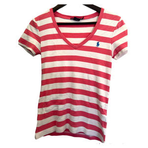 Ralph Lauren Sport Pink and White Striped  V Neck Tee Size Medium